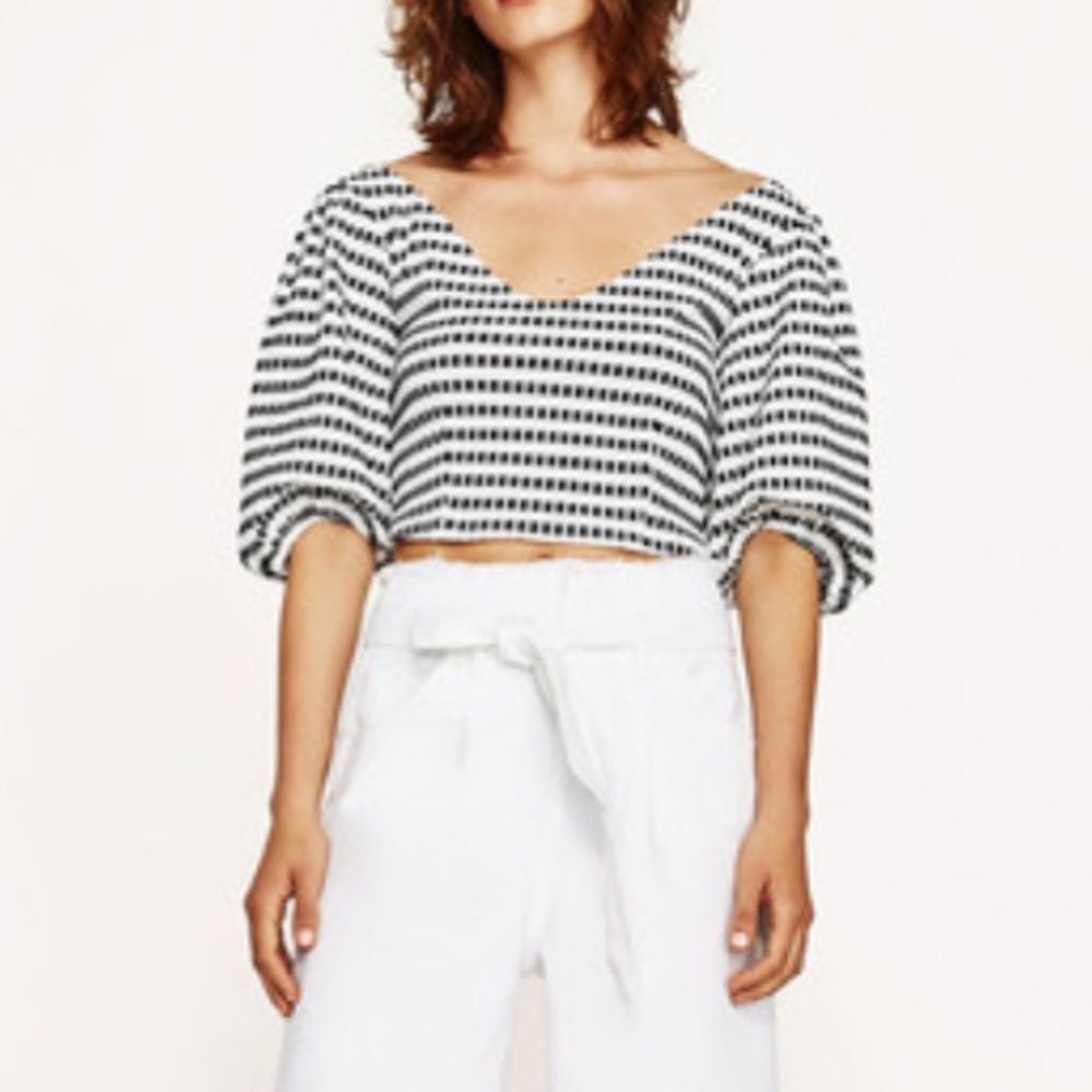 Zara Women's Puff Sleeve Crop Top Size L Black White Checkered Textured Preppy